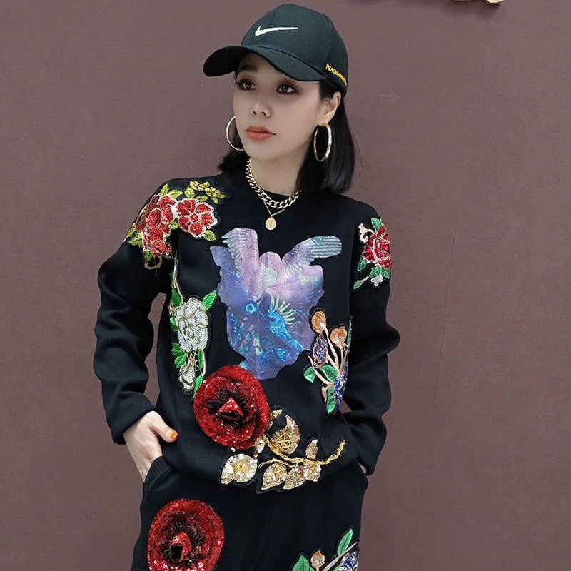 Flower Sequin Bird Pattern Printing Knit Sweater Set