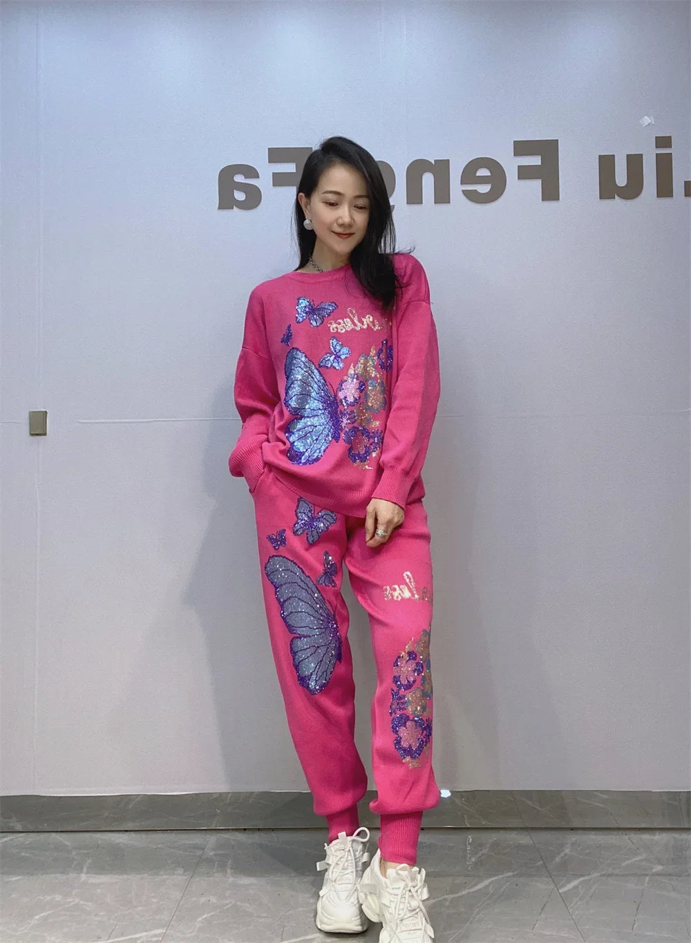 Knitted Crew Rhinestone Pullover Sweater Pants Sports Two-piece Set