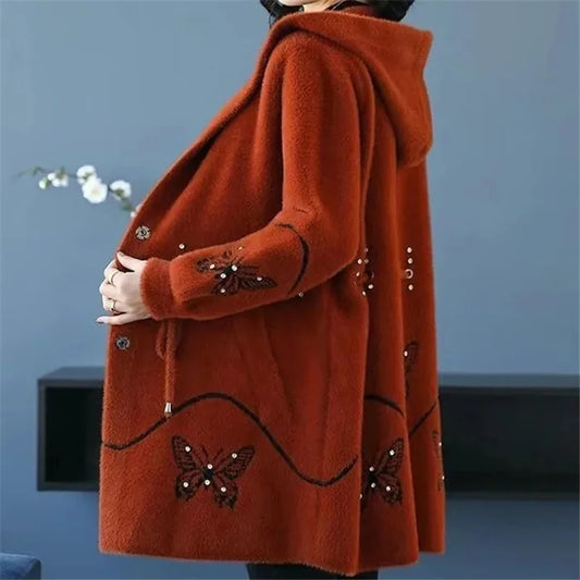 Imitation Mink Fleece Women Coat Hooded Mid Long Knitted Cardigan Sweater