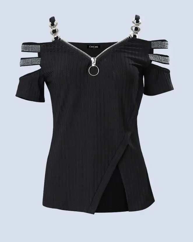 Rhinestone T-Shirt with  Zipper Details Split Bottom Design