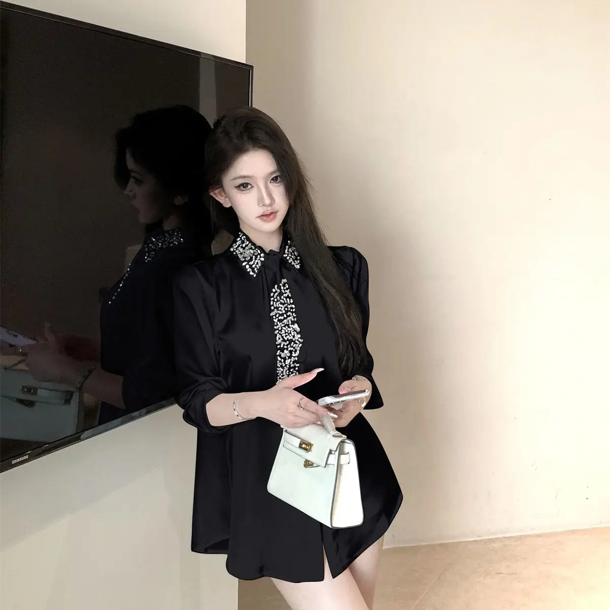 Diamonds Beaded Turn Down Collar Faux Silk Blouse