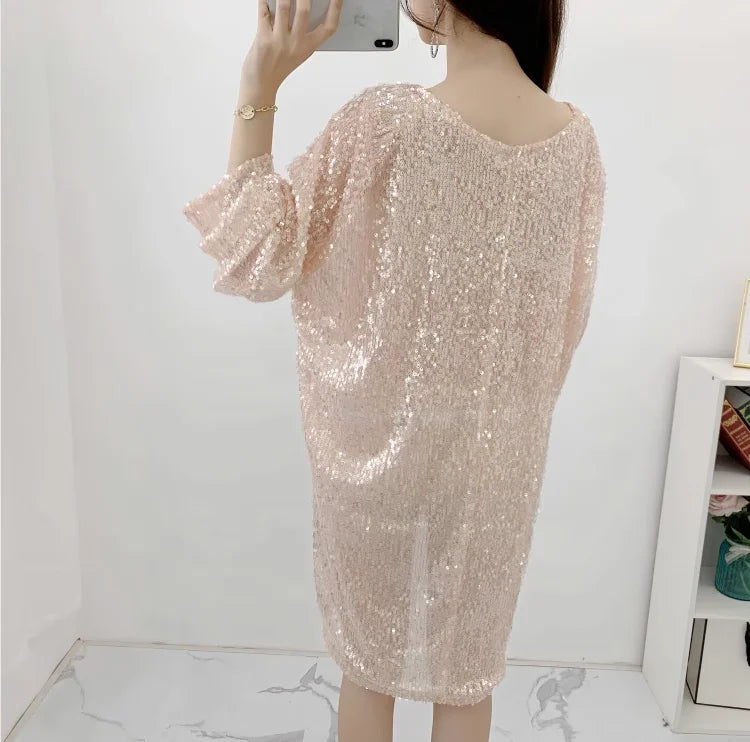 Summer New Short Sleeve Sequin V-Neck Loose T-Shirt Dress