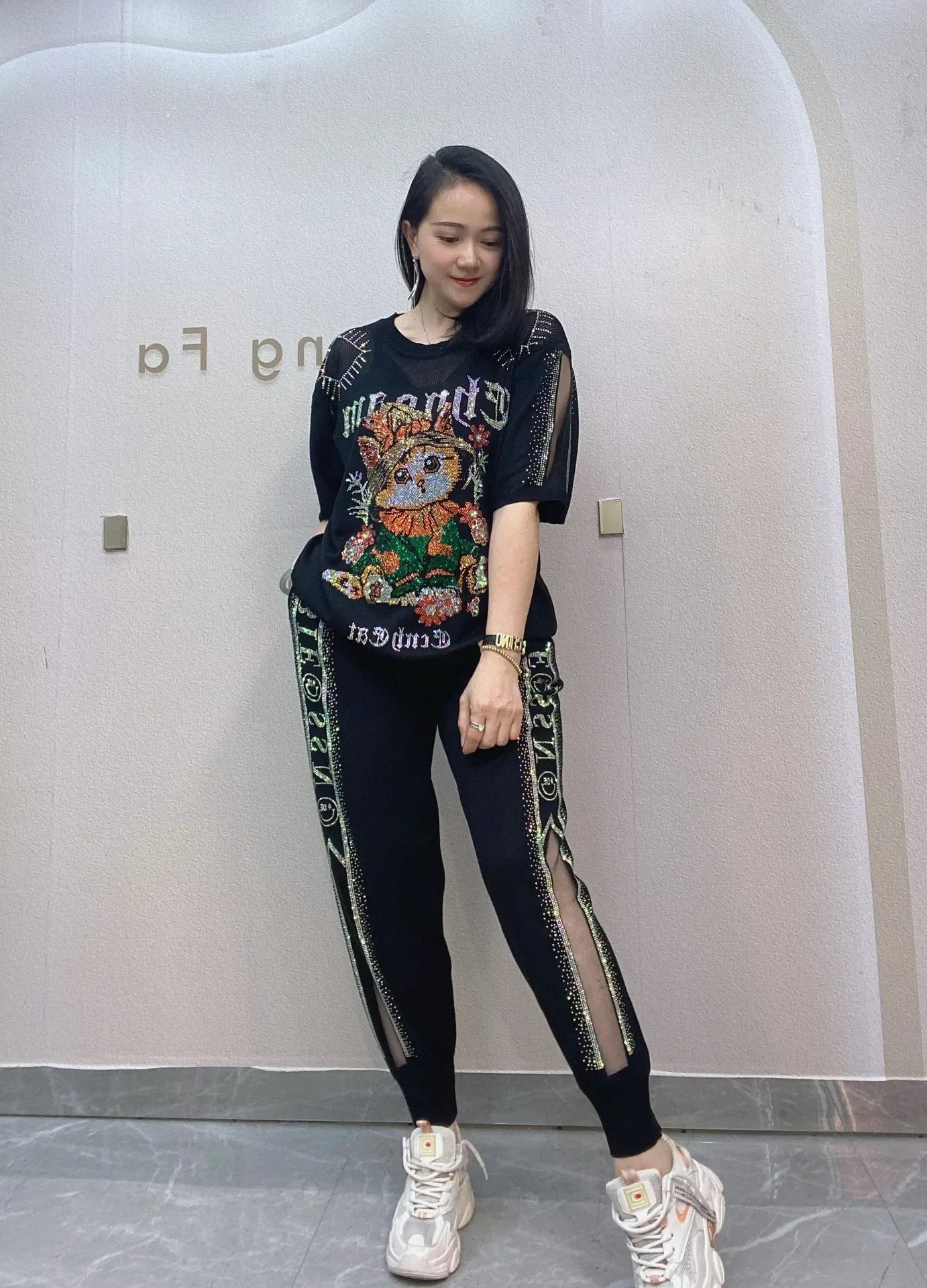 2PCS Knitted Cartoon Shiny Rhinestones Tracksuit
