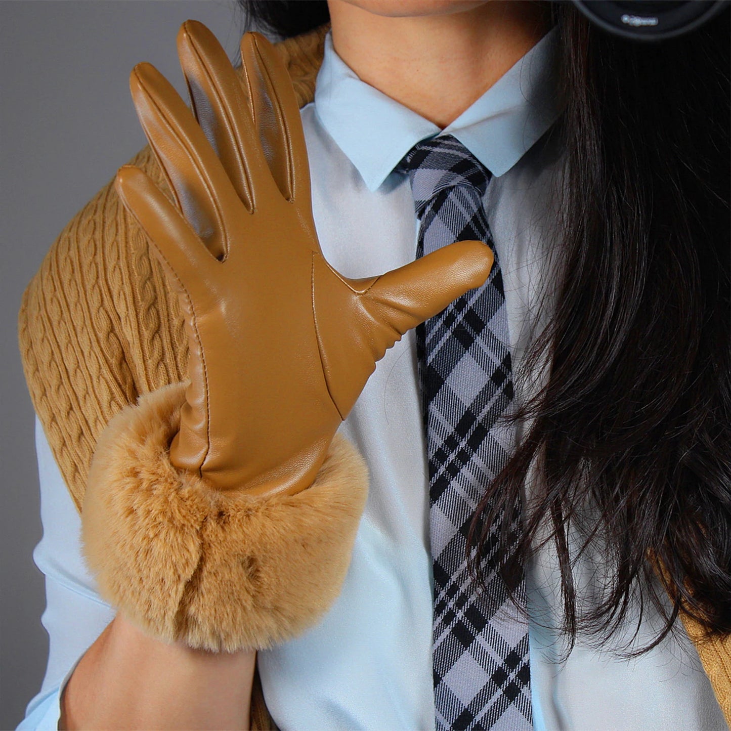 Women's Short Faux Leather Rabbit Fur Trim Gloves