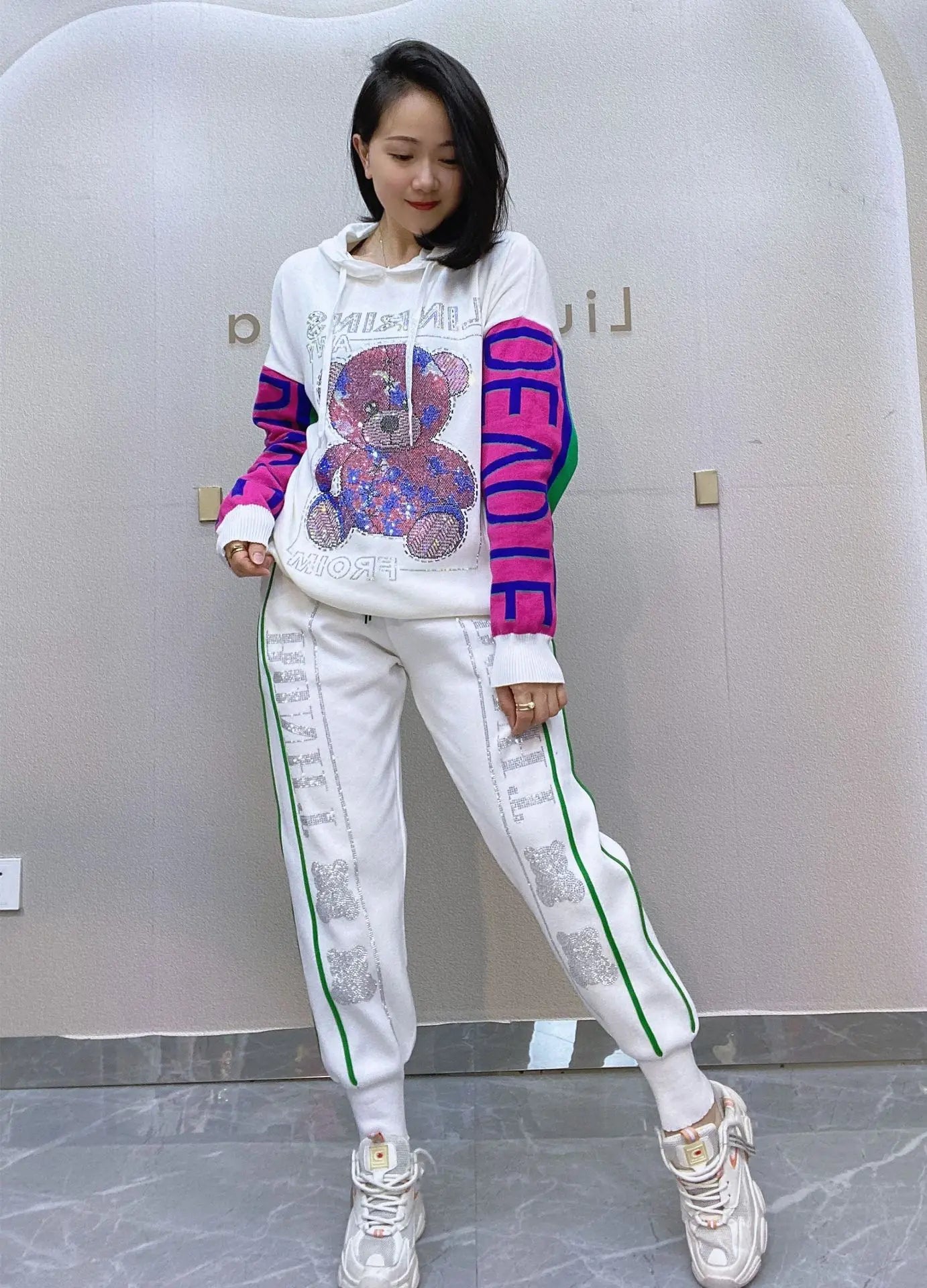 Two Pieces Teddy Bear Sequins  Hooded Sweatshirts And Knitting Pants