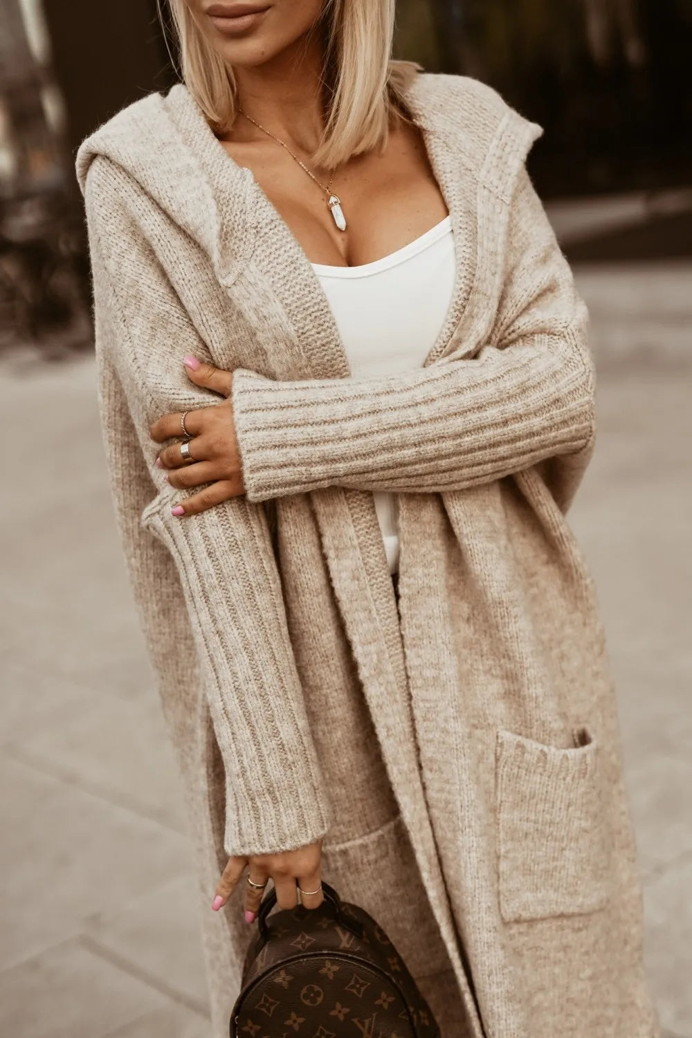 Letter Hooded Cardigan Knit Sweater