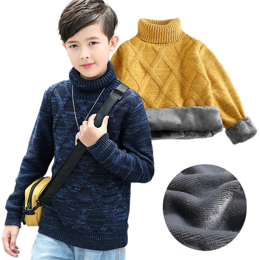 3-10 Years Boys Fashion Plush Warm Turtleneck Sweater