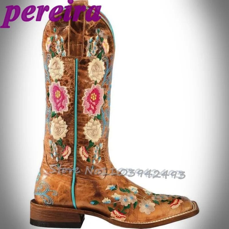 Embroidered Flower Rose Garden Mid-Calf Cowboy Boots