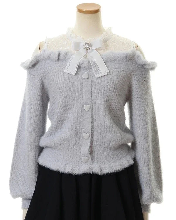 Sweet Lolita Off Shoulder Long Sleeve Knitwear Bow Lace Waist Slim Sweater