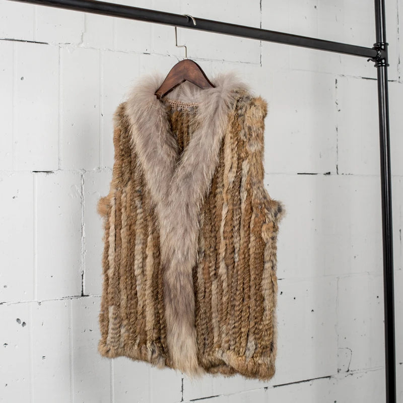 Natural Real Rabbit Fur Vest With Raccoon Fur Collar Jackets