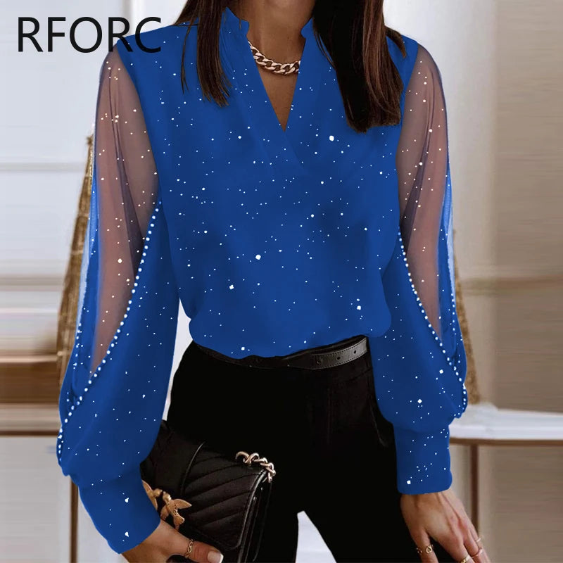 Glitter V Neck Contrast Mesh Patch Rhinestone Long Sleeves Blouse