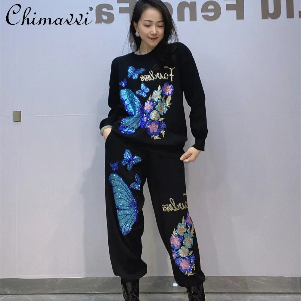Knitted Crew Rhinestone Pullover Sweater Pants Sports Two-piece Set