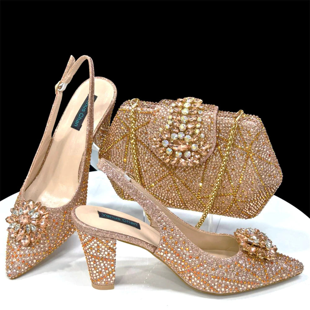 Italian Design Slingback Shoes And Bag Set Decorated with Rhinestone