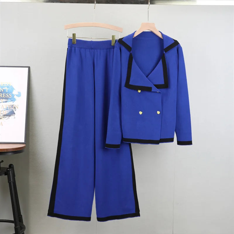 Turn Down Collar Double Breasted  Sweater Set