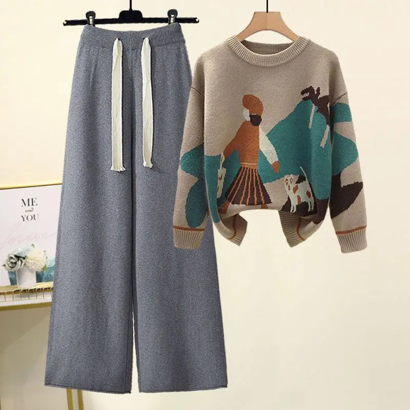 Printed  Knitted Sweater Loose and Slimming Casual Pants Two Piece Set