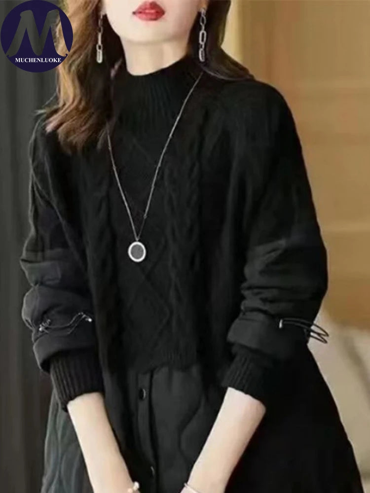 Lazy Style Half High Collar Spliced Sweaters