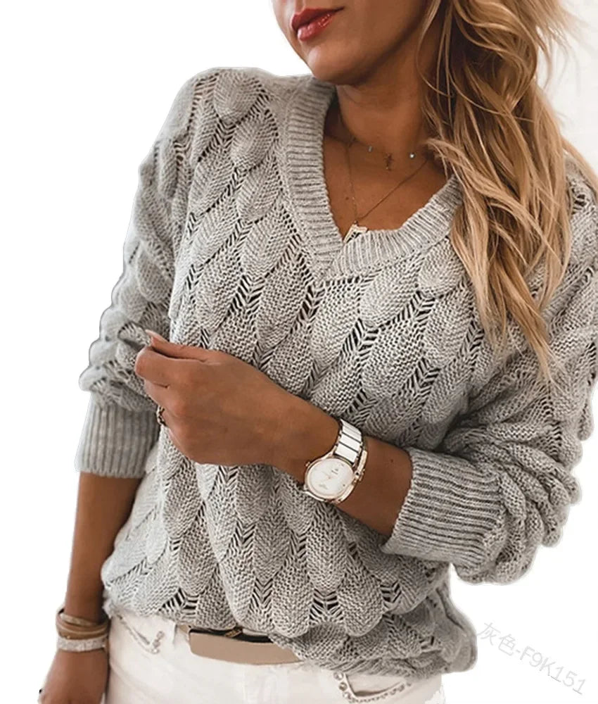 Women Pullover V-neck Hollow Ou Casual Sweater Top