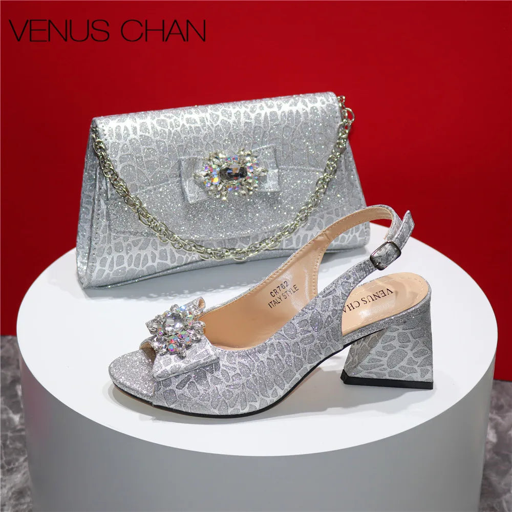 High Quality Peep Toe Shoes and Bag with Shinning Crystal