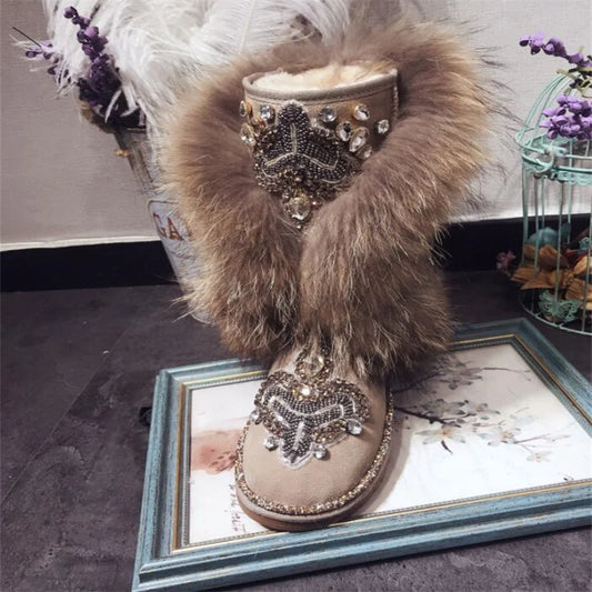 Vintage beaded hand-made Fox fur Rhinestone Winter Boot