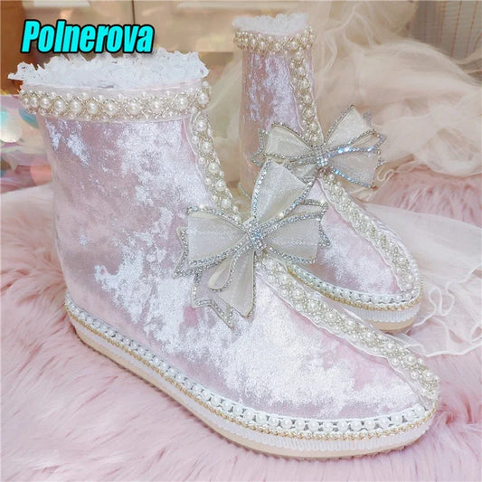 Velvet Lace Bow Snow Boots