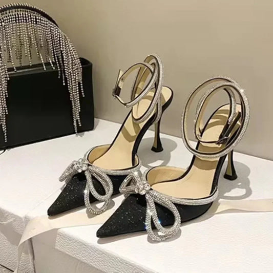 Pointed Toe Baotou High Heels Luxury Bow Rhinestone