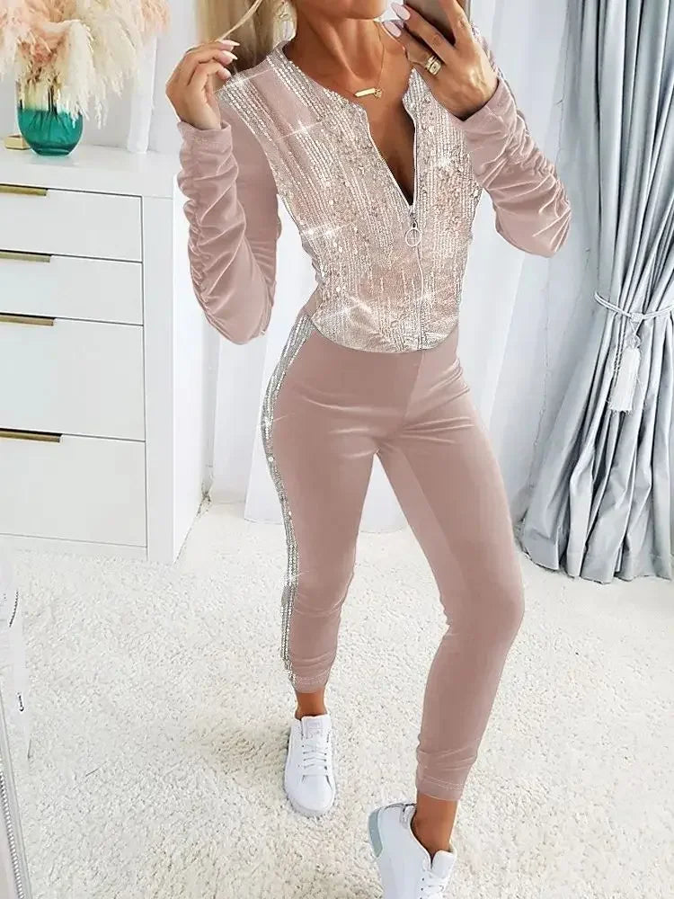 Velvet Casual Contrast Sequin Tracksuits