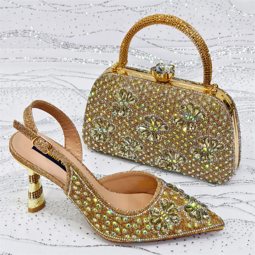 Venus Chan 2025 Women’s High Heel and Rhinestone Handbag Set - Italian Design