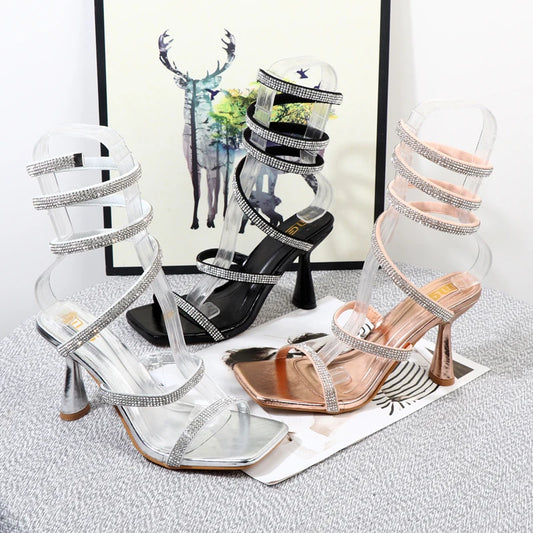 Rhinestone Spiral Strap High-Heeled Sandals