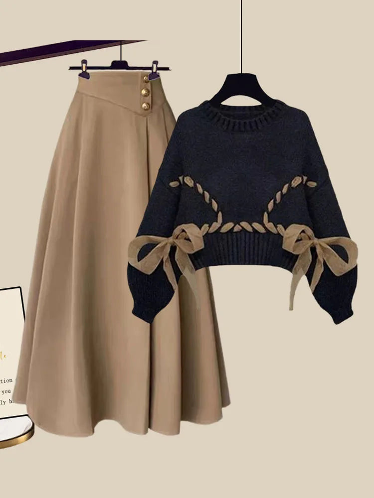 French Retro Lace Up Bandage Knitted Sweater high Waist Woolen Skirt Sets