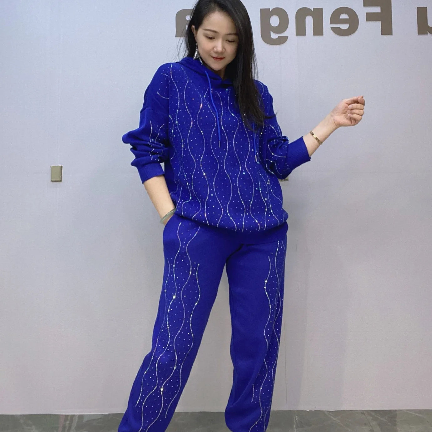 Geometric Pattern Hooded Knitted Pullovers Rhinestone Sweatshirt + Sequined Pants Trouser 2Pcs Set