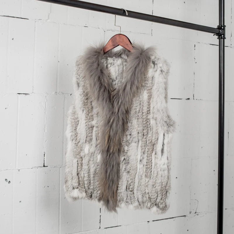 Natural Real Rabbit Fur Vest With Raccoon Fur Collar Jackets