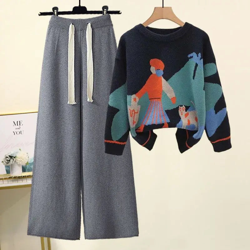 Printed  Knitted Sweater Loose and Slimming Casual Pants Two Piece Set