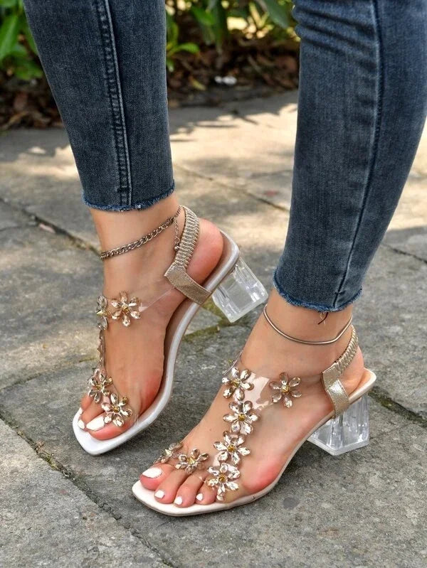 Bling  Bling Flowers Rhinestone  Transparent Root Open Toe Sandals