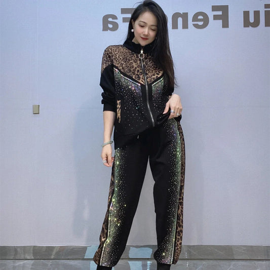 Leopard Printed Drilling Coat Sequined Diamonds Jacket Suits 2pcs Set