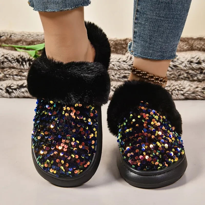 Shining Sequins Home Fur Slippers