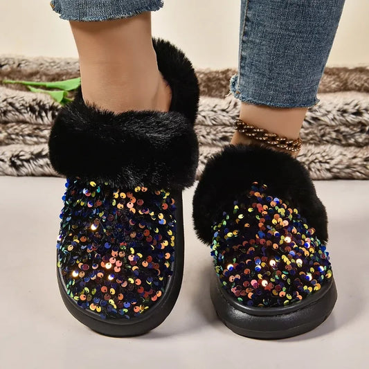 Shining Sequins Home Fur Slippers