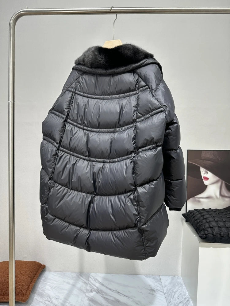 Warm Winter Goose Down Coat with Natural Real Mink Fur Collar