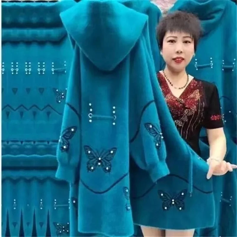 Imitation Mink Fleece Women Coat Hooded Mid Long Knitted Cardigan Sweater