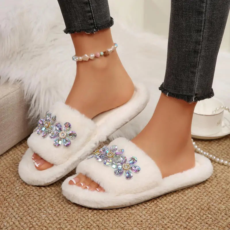 Luxury Glitter Flower Furry Slippers