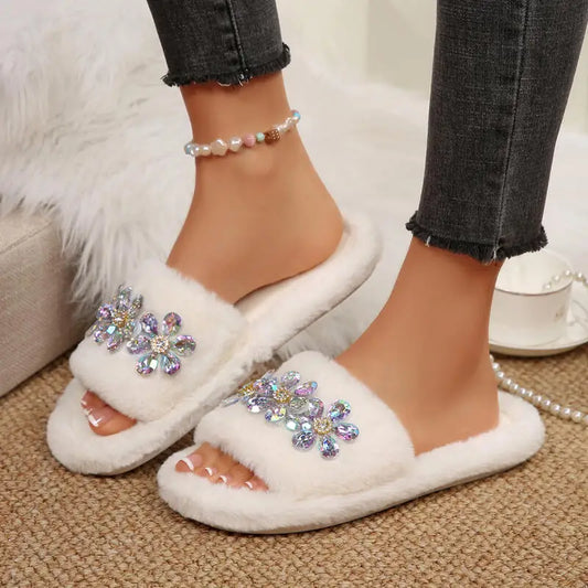 Luxury Glitter Flower Furry Slippers