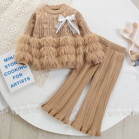 2025 Children Woolen Jersey Sweaters Tops with Fringe Hem Pants Set