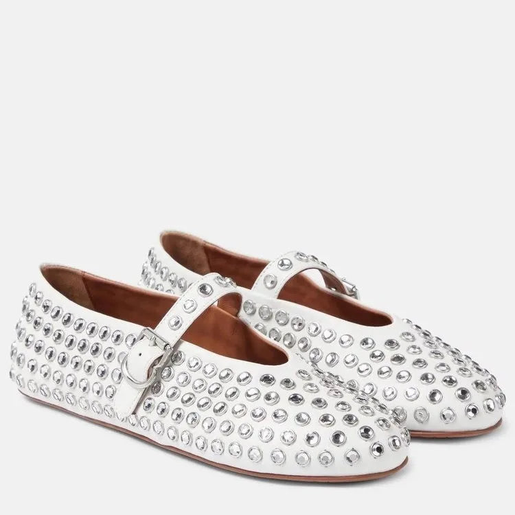 Rhinestone Full Belt Buckle Round Toe Flat Shoes