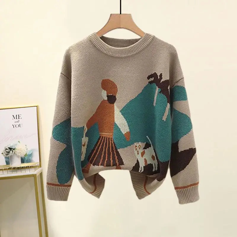 Printed  Knitted Sweater Loose and Slimming Casual Pants Two Piece Set