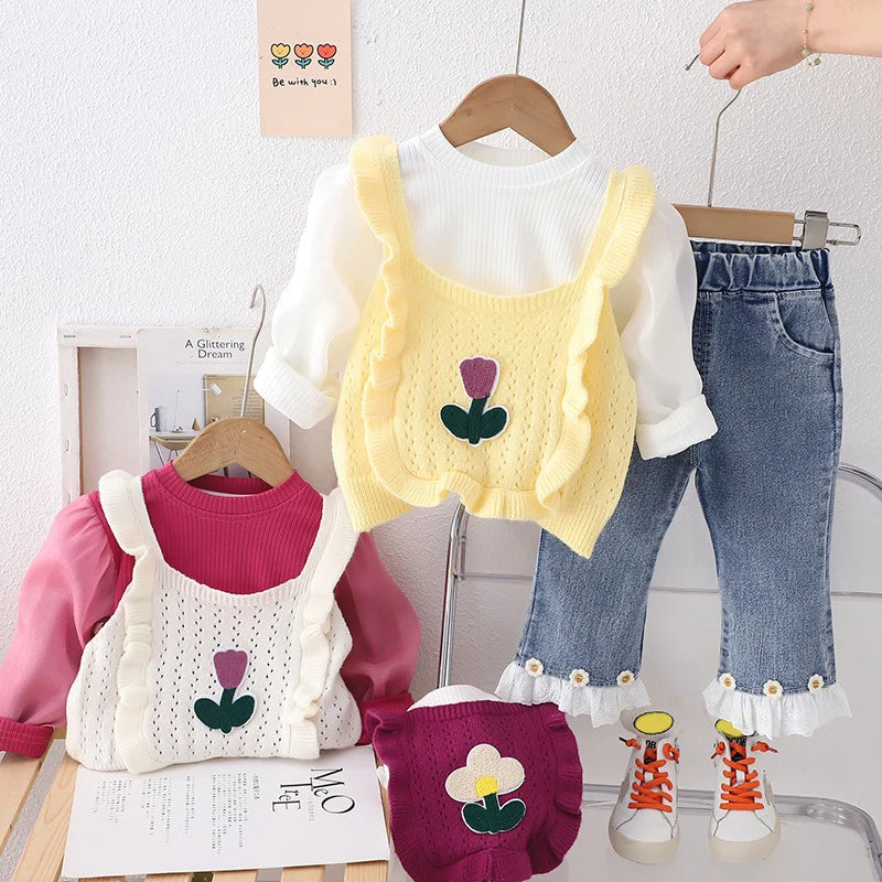 Baby Girls Knitted Vest, Bubble Sleeve T-shirt, and Jeans Set