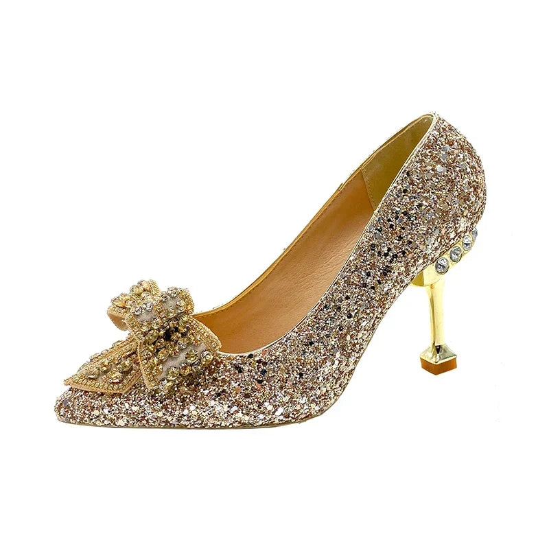 Rhinestone Bow Pump with Decorative Heel