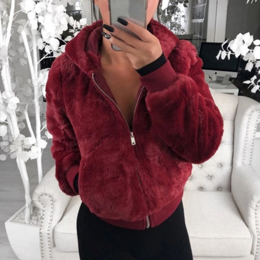 Plush Hoodie With Pocket Faux Fur Jacket