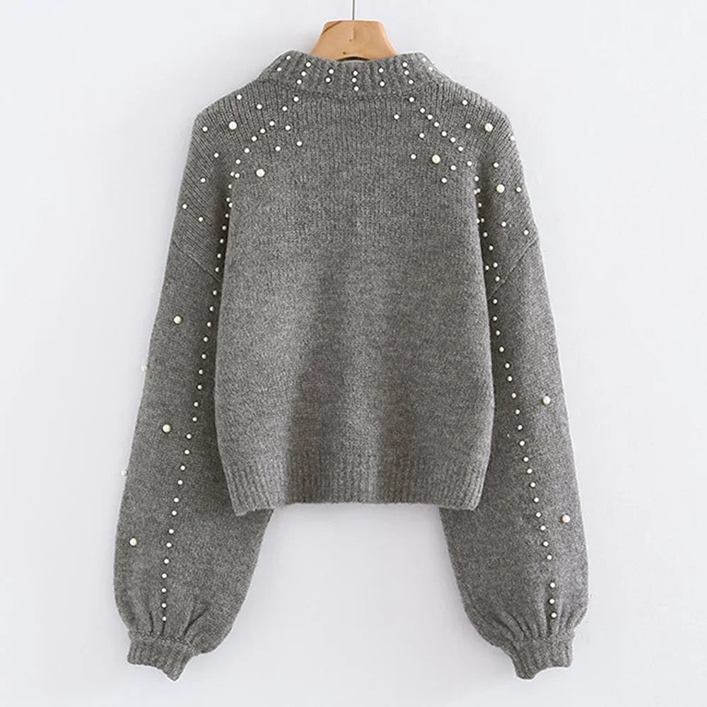 Simple Beading Long Sleeve Casual Sweater
