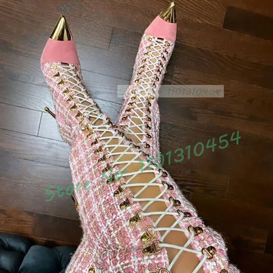 Pink Plaid Hollow Tall Boots With Metal Pointy Toe Women Cross Tied High Heels Boots