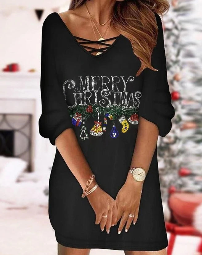 Rhinestone Christmas Pattern Casual V-Neck Long Sleeve Mini Straight Dress