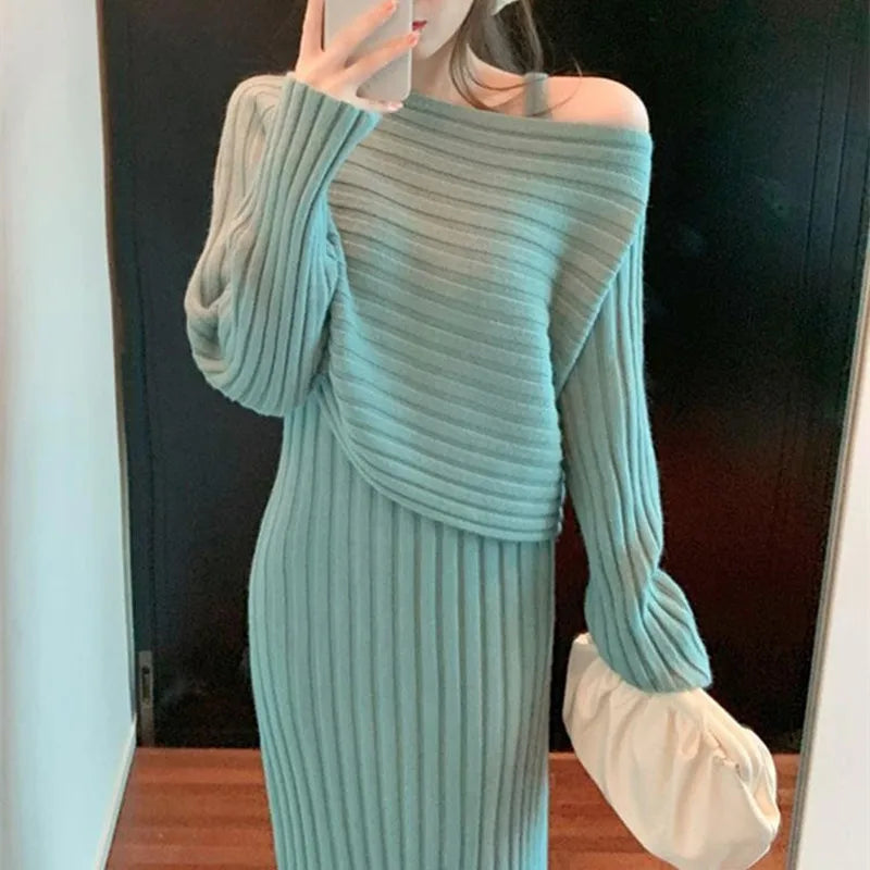 Elegant V-neck Knitted Sleeveless Dress+Pullovers Sweater 2pc Set